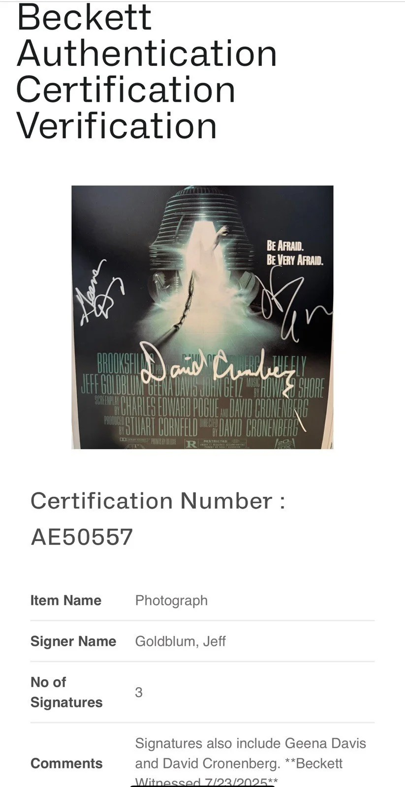 David Cronenberg Jeff Goldblum Geena Davis — DAVID CRONENBERG JEFF GOLDBLUM GEENA DAVIS SIGNED THE FLY 12x18 PHOTO BECKETT-D, image 4