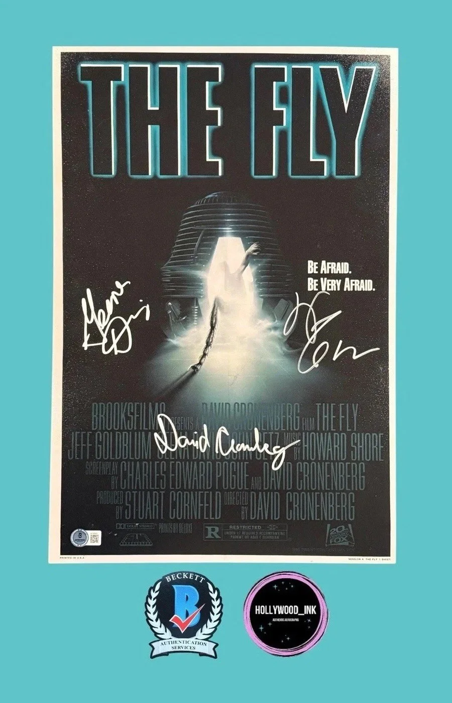 David Cronenberg Jeff Goldblum Geena Davis — DAVID CRONENBERG JEFF GOLDBLUM GEENA DAVIS SIGNED THE FLY 12x18 PHOTO BECKETT-A