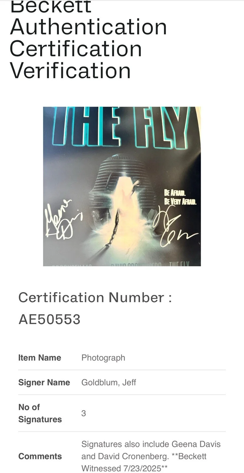 David Cronenberg Jeff Goldblum Geena Davis — DAVID CRONENBERG JEFF GOLDBLUM GEENA DAVIS SIGNED THE FLY 12x18 PHOTO BECKETT-A, image 4