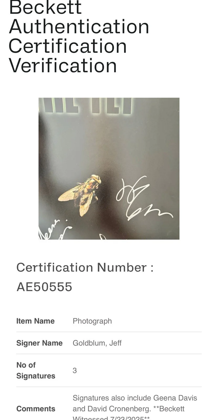 David Cronenberg Jeff Goldblum Geena Davis — DAVID CRONENBERG JEFF GOLDBLUM GEENA DAVIS SIGNED THE FLY 12x18 PHOTO BECKETT-C, image 4