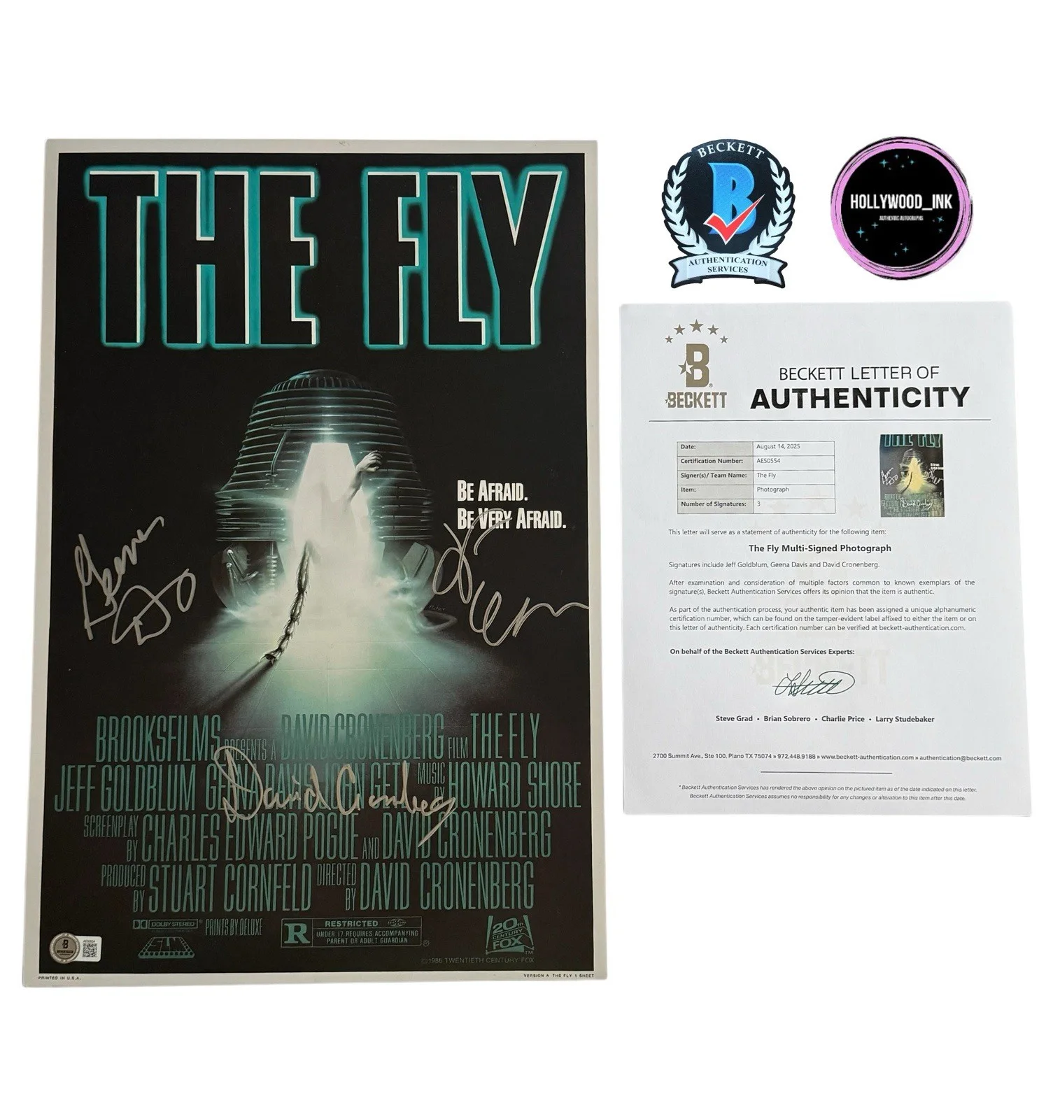 David Cronenberg Jeff Goldblum Geena Davis — DAVID CRONENBERG JEFF GOLDBLUM GEENA DAVIS SIGNED 12x18 THE FLY PHOTO BECKETT-B
