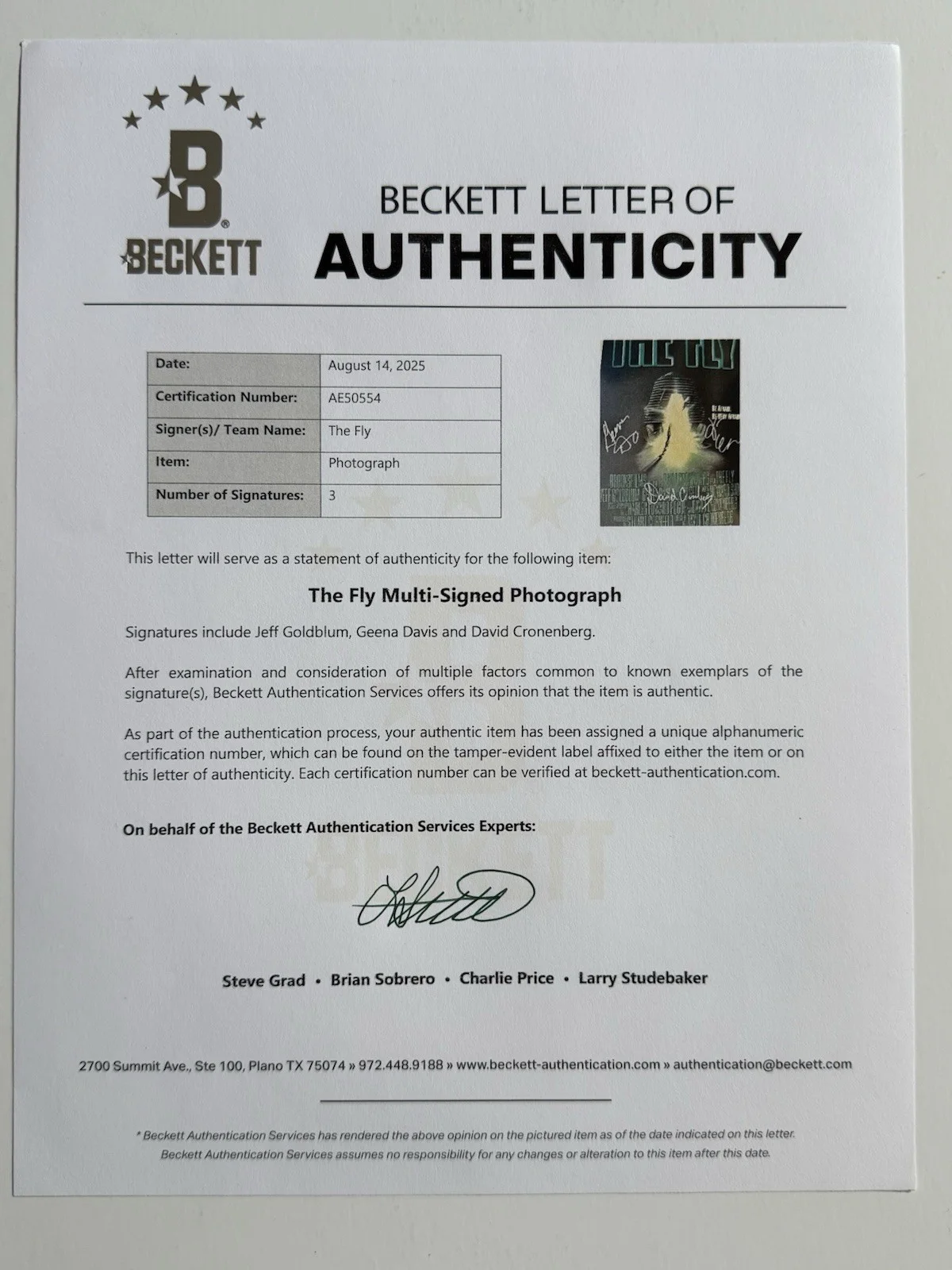 David Cronenberg Jeff Goldblum Geena Davis — DAVID CRONENBERG JEFF GOLDBLUM GEENA DAVIS SIGNED 12x18 THE FLY PHOTO BECKETT-B, image 2