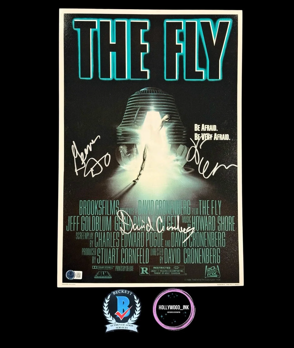 David Cronenberg Jeff Goldblum Geena Davis — DAVID CRONENBERG JEFF GOLDBLUM GEENA DAVIS SIGNED 12x18 THE FLY PHOTO BECKETT-B, image 3