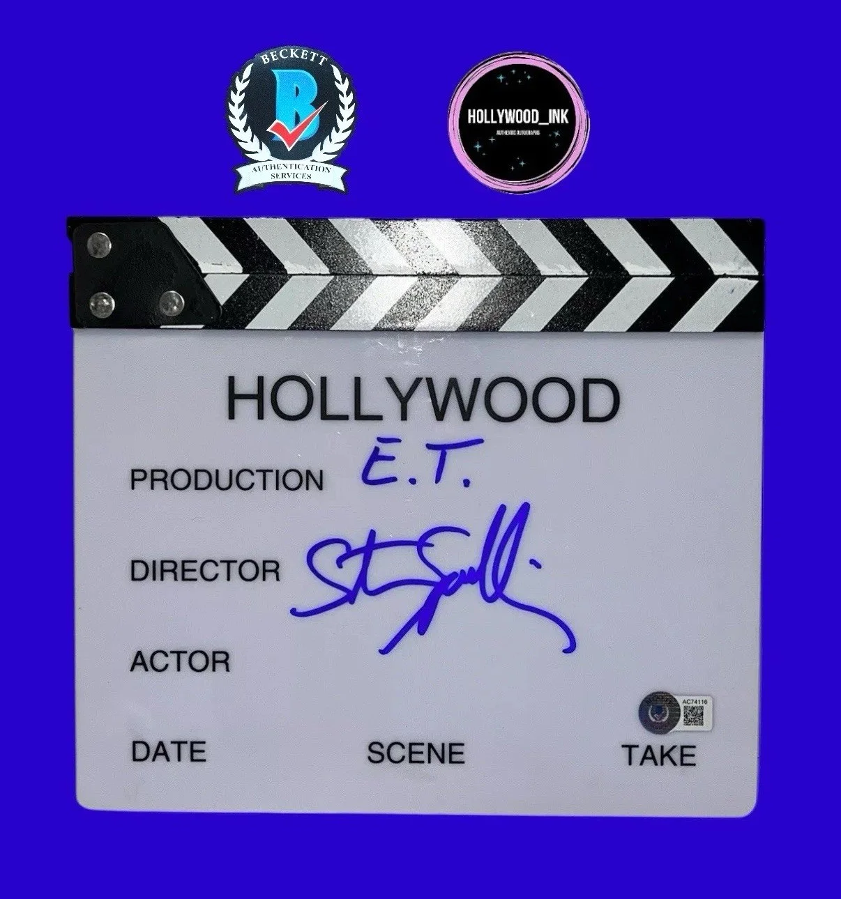 Steven Spielberg — Steven Spielberg signed "E.T." Director Clapboard autograph RARE Beckett BAS LOA