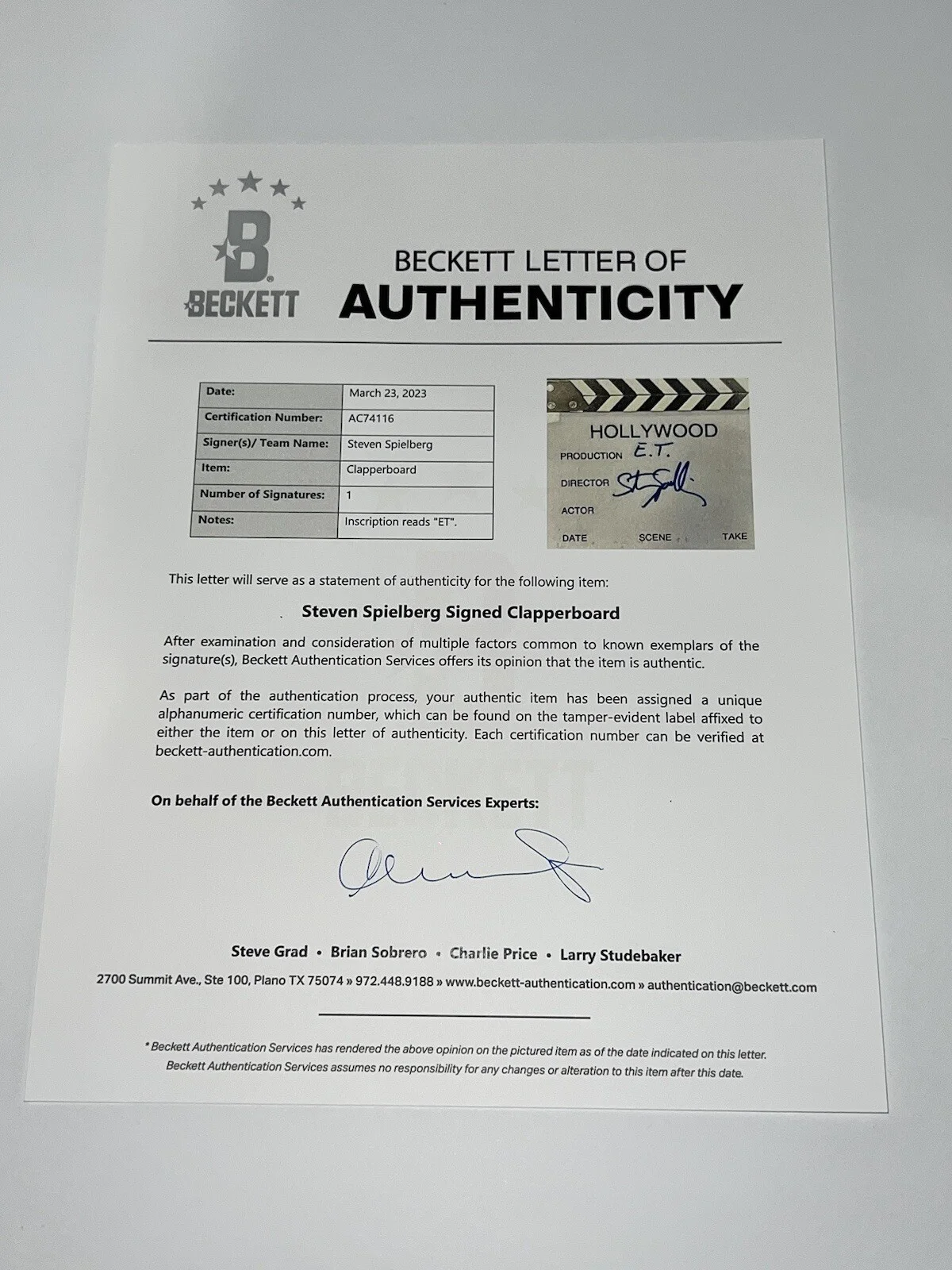 Steven Spielberg — Steven Spielberg signed "E.T." Director Clapboard autograph RARE Beckett BAS LOA, image 4