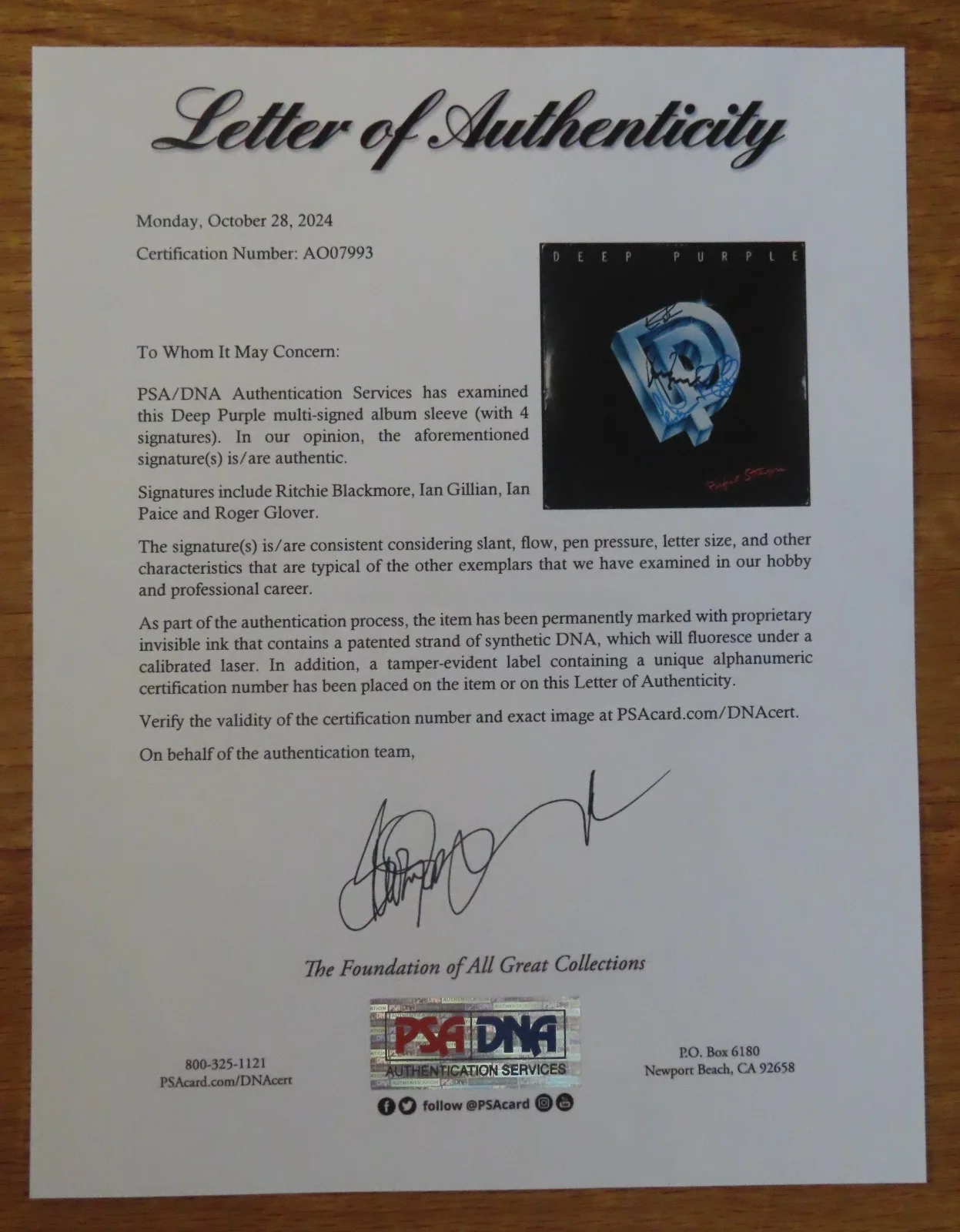 DEEP PURPLE signed PERFECT STRANGERS Record PSA RITCHIE BLACKMORE GILLAN PAICE 4, изображение 2