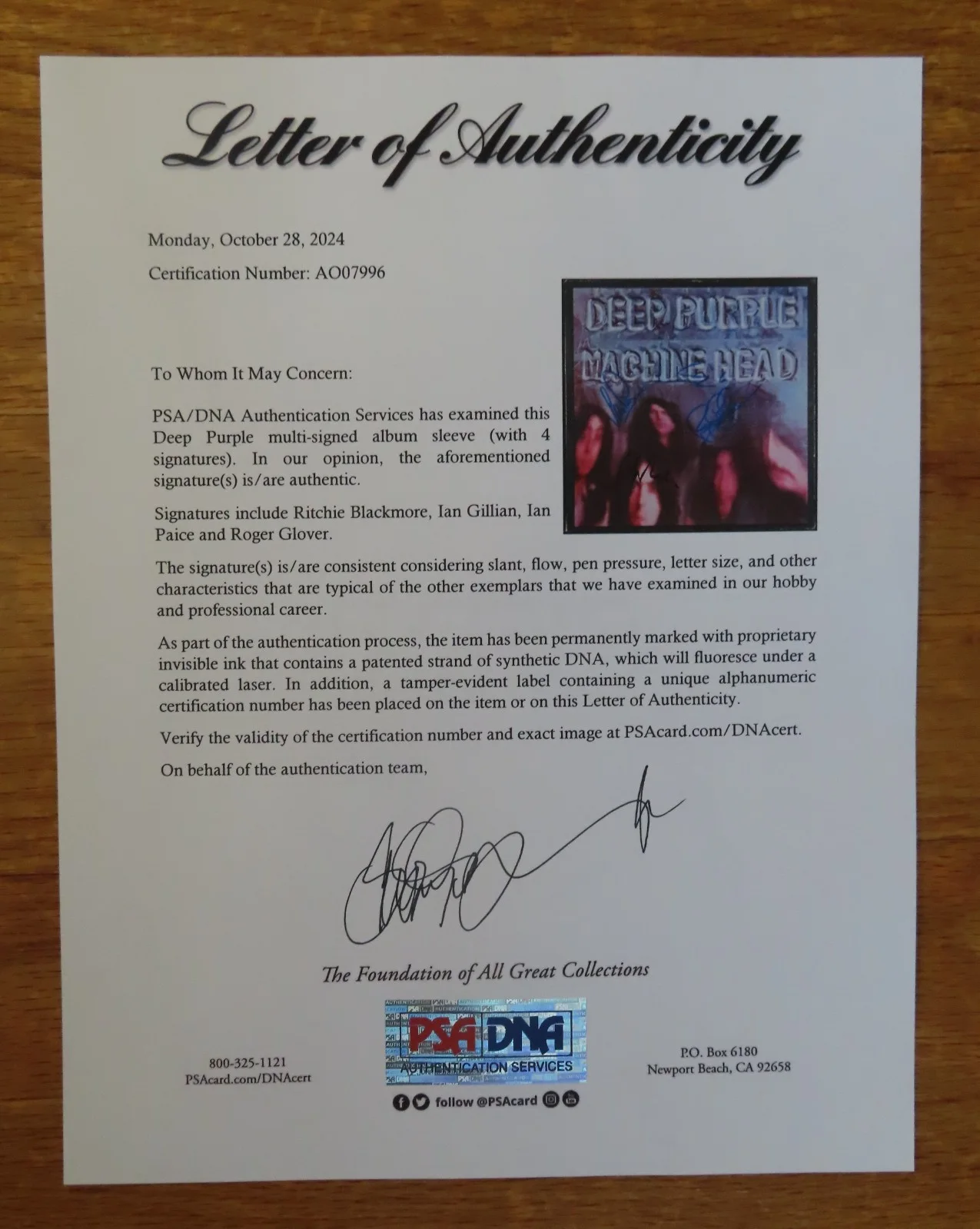 DEEP PURPLE signed MACHINE HEAD Record PSA RITCHIE BLACKMORE GILLAN PAICE GLOVER, image 2