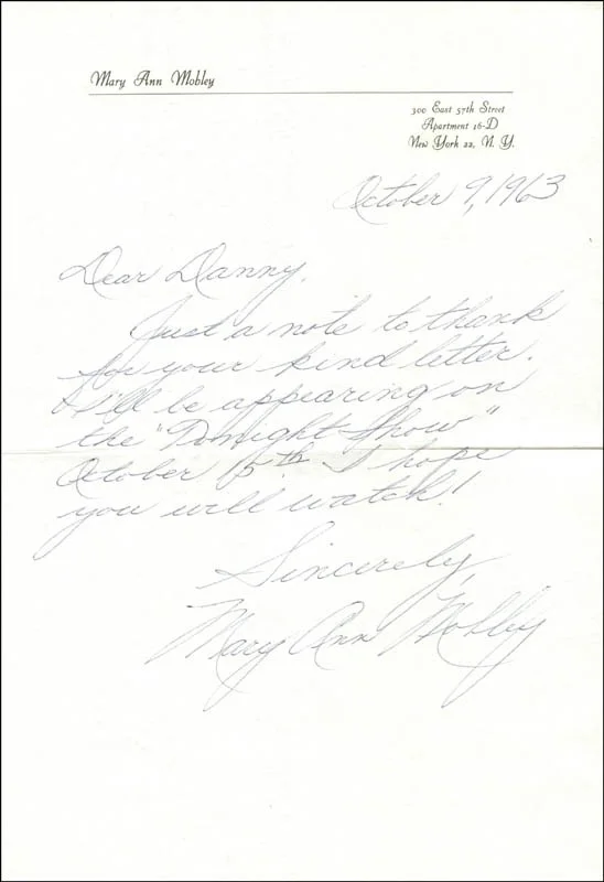 Mary Ann Mobley — MARY ANN MOBLEY - AUTOGRAPH LETTER SIGNED 10/09/1963