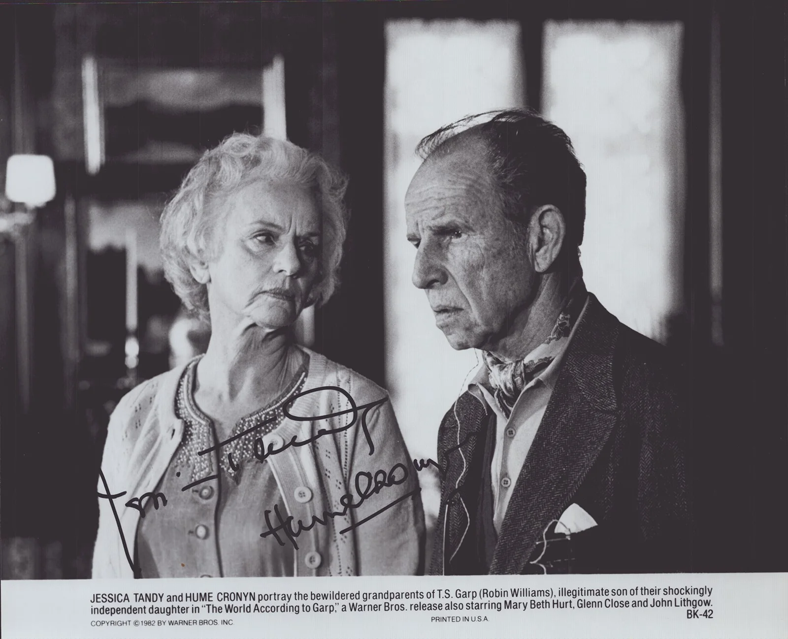 Jessica Tandy, Hume Cronyn — THE WORLD ACCORDING TO GARP MOVIE CAST - AUTOGRAPHED SIGNED PHOTOGRAPH