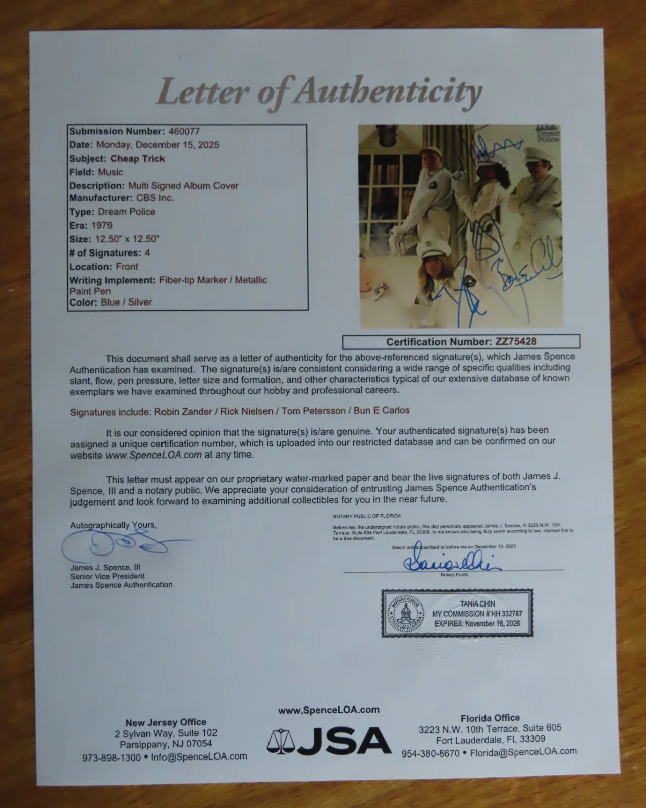 CHEAP TRICK signed DREAM POLICE Record JSA RICK NIELSEN ZANDER CARLOS PETERSON, изображение 2