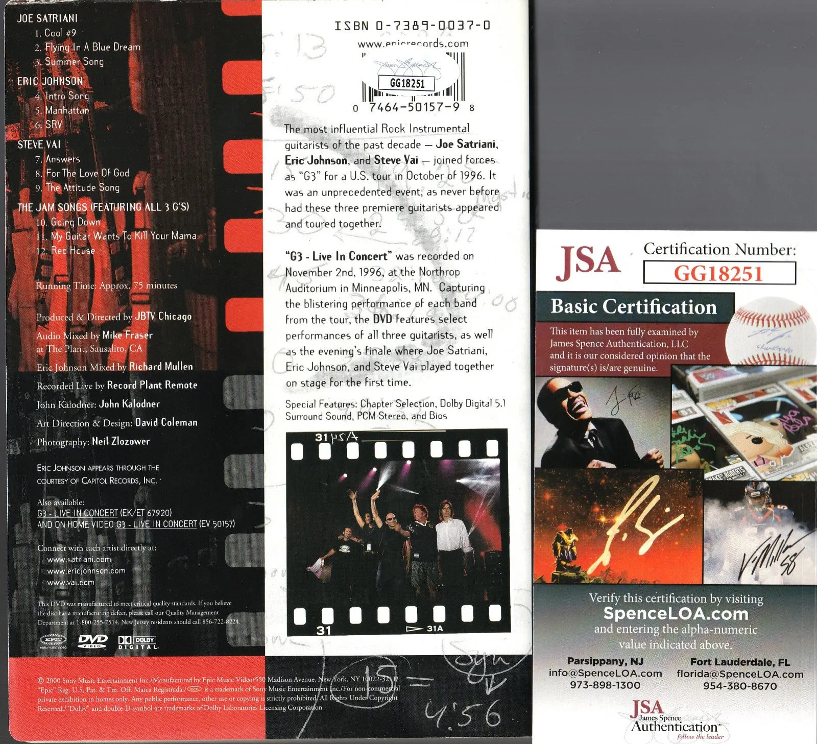 SIGNED JOE SATRIANI STEVE VAI ERIC JOHNSON UTOGRAPHED DVD CERTIFIED JSA #GG18251, изображение 2