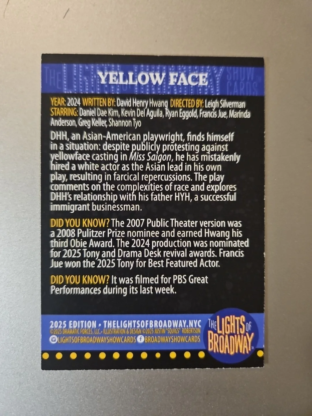 Francis Jue — Francis Jue Signed Lights Of Broadway Card - Yellow Face - Tony Award Winner, изображение 2