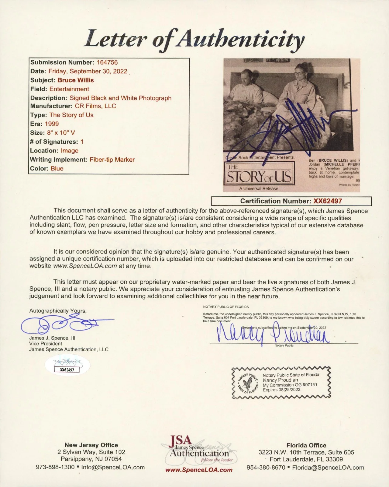 Bruce Willis — Bruce Willis The Story Of Us Authentic Signed 8x10 Vertical Photo JSA #XX62497, изображение 2