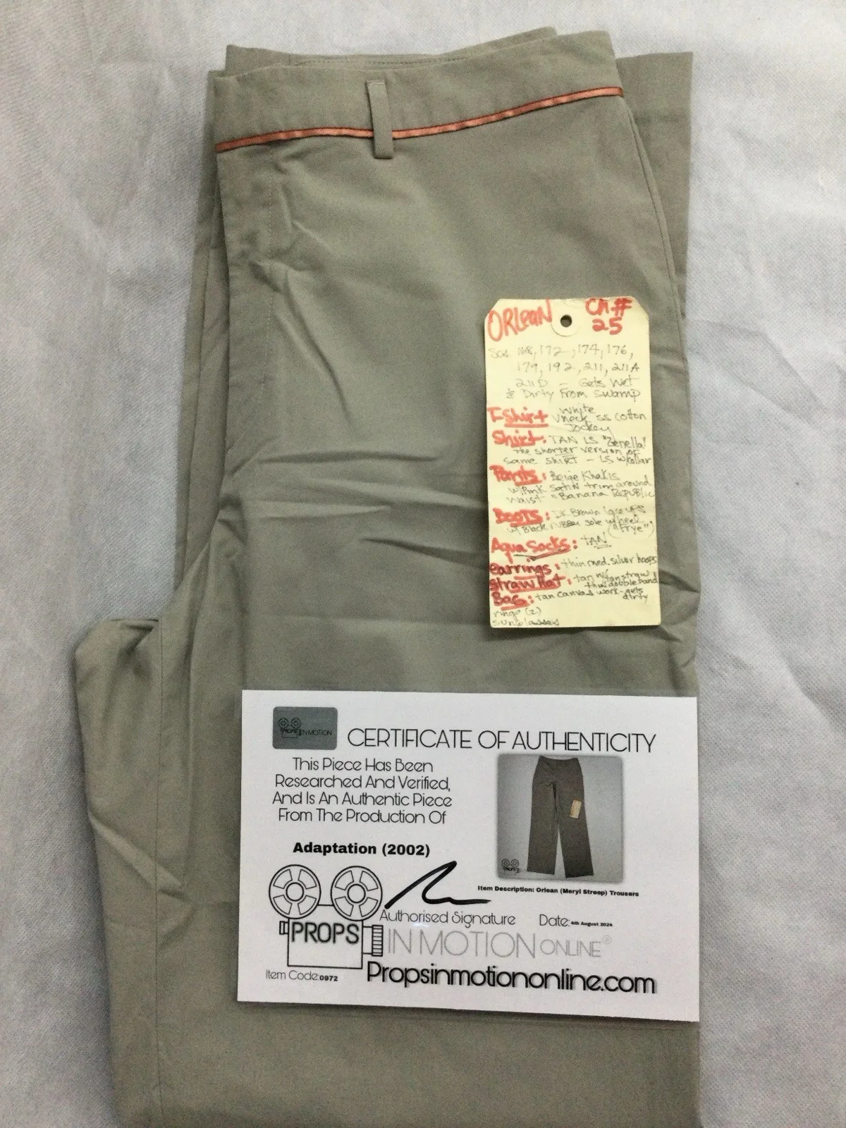 Meryl Streep Adaptation Trousers Screen Used Wardrobe Film Prop Coa Nicolas Cage, image 2