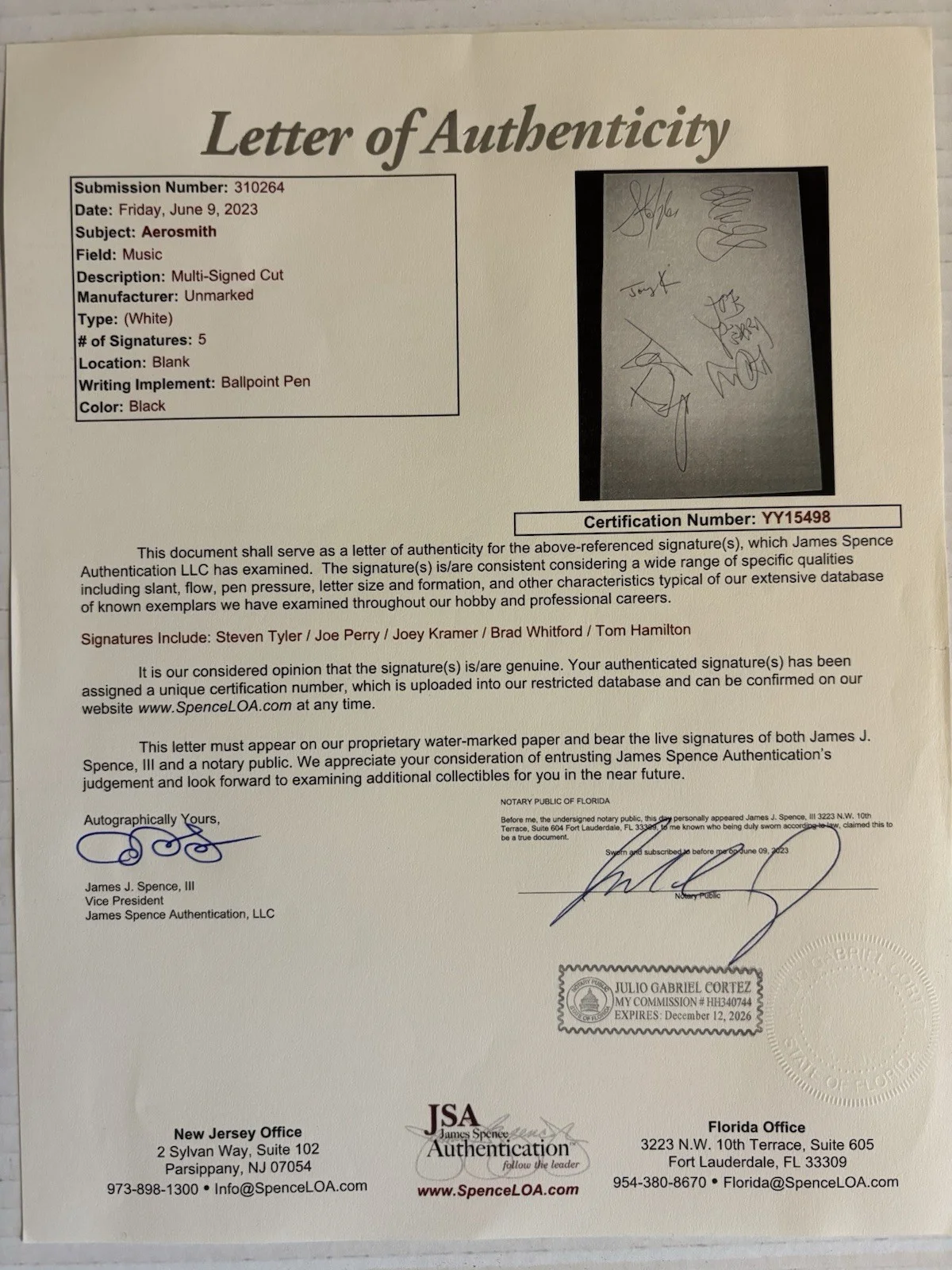 Aerosmith Signed Book Page Tyler Perry Whitford Kramer Hamilton JSA Letter, image 2