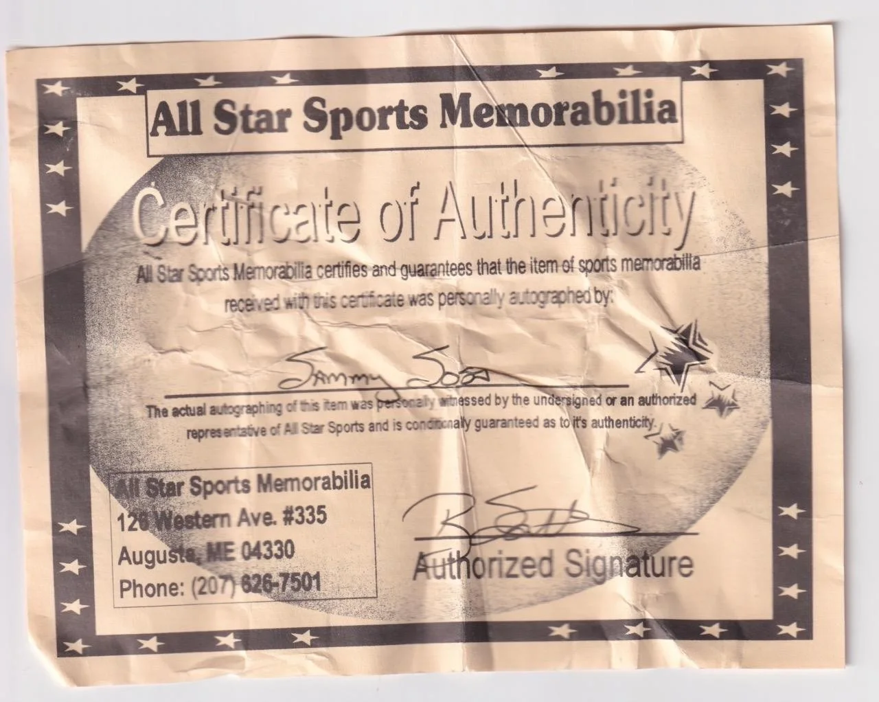 SAMMY SOSA BASEBALL BAT FROM ALL STAR SPORTS MEMORABILIA COLLECTABLE w/COA, image 2