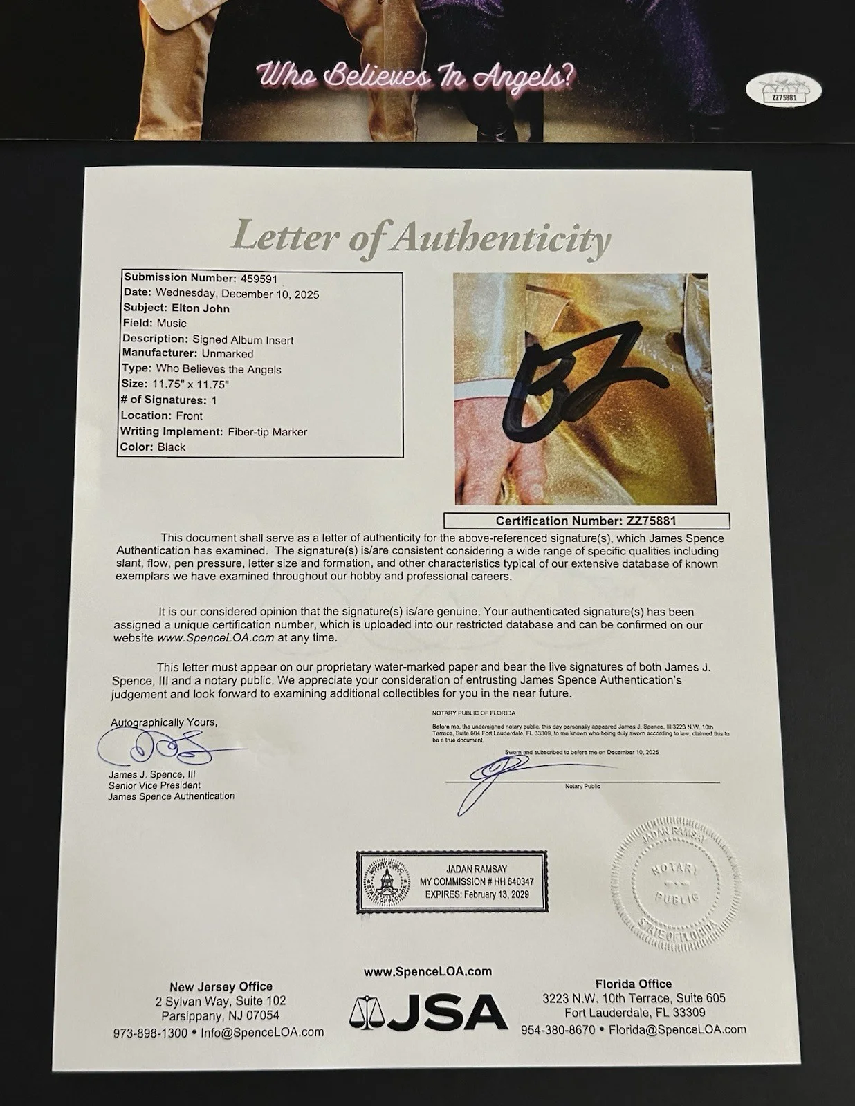 ELTON JOHN Signed AUTOGRAPHED Who Believes In Angels VINYL INSERT **JSA LETTER**, изображение 3