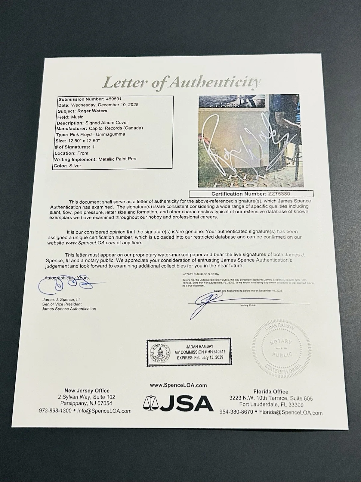 ROGER WATERS Ummagumma SIGNED/AUTOGRAPHED ALBUM/VINYL LP *JSA* LETTER PINK FLOYD, image 3