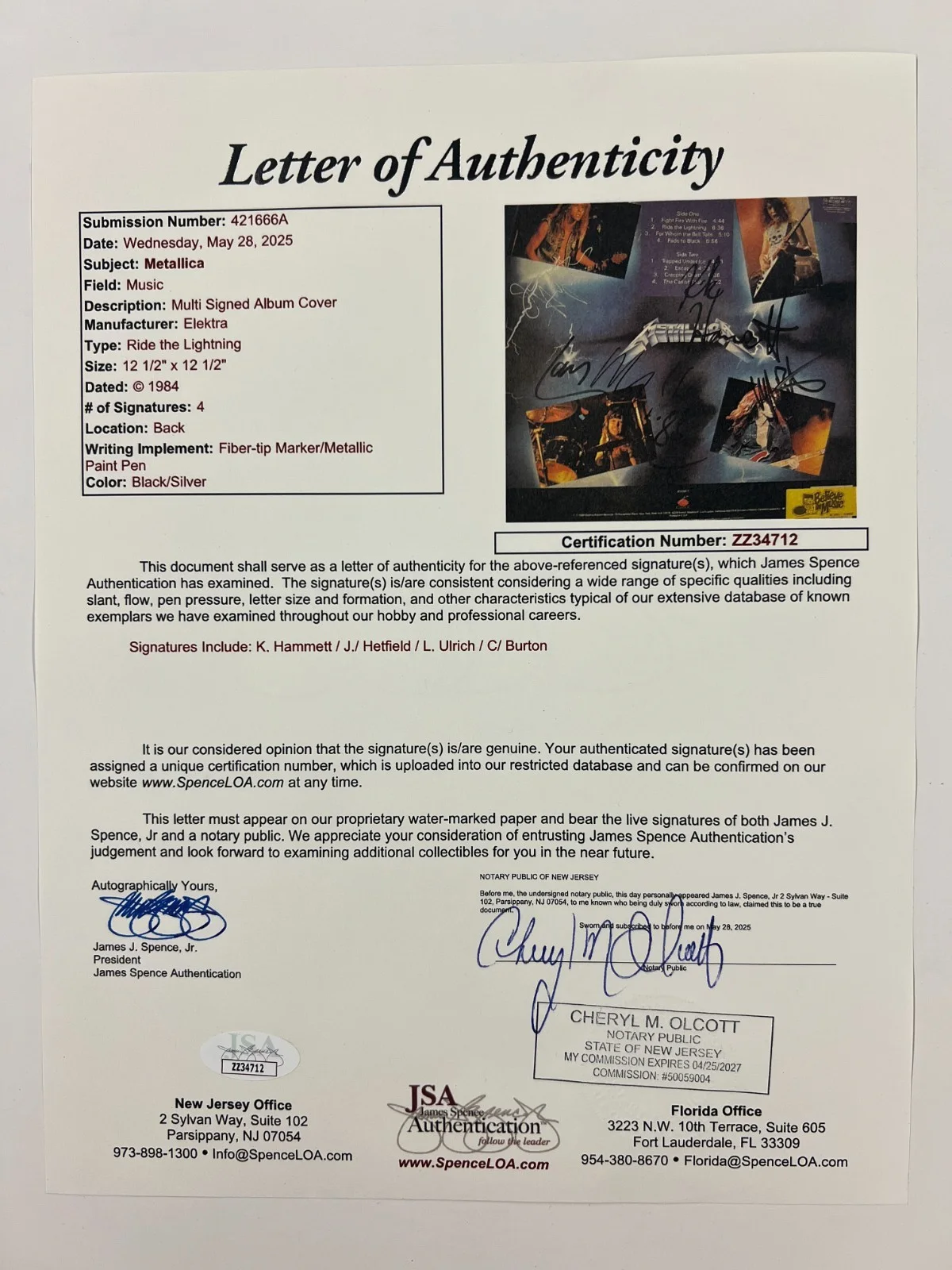 Metallica Ride The Lighting FULLY SIGNED Autographed JSA LOA with Cliff Burton, изображение 2