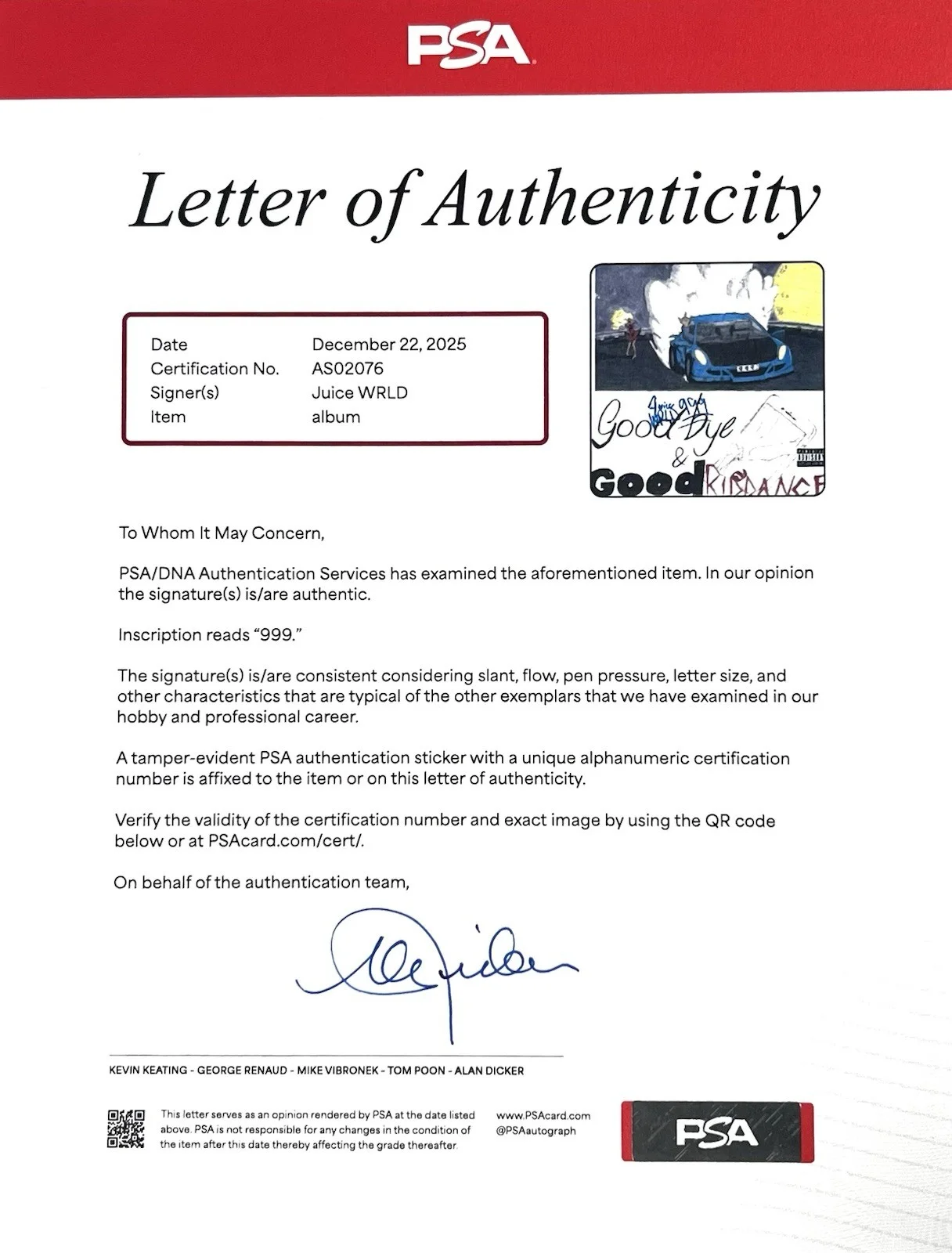Juice WRLD Signed Autographed Vinyl LP “Goodbye & Good Riddance” PSA/DNA LOA UO, изображение 3