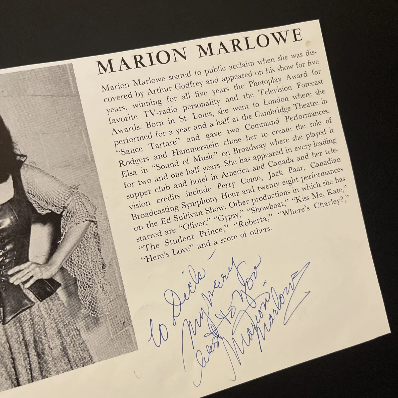 MARION MARLOWE TV & Radio Personality: Hand Signed Celebrity Photo Bio 5x7” /KSK, изображение 5