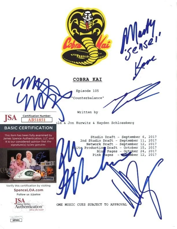 Cast — Cobra Kai Signed 8.5x11 Cast Script William Zabka Mary Mouser Ralph Macchio JSA, image 2