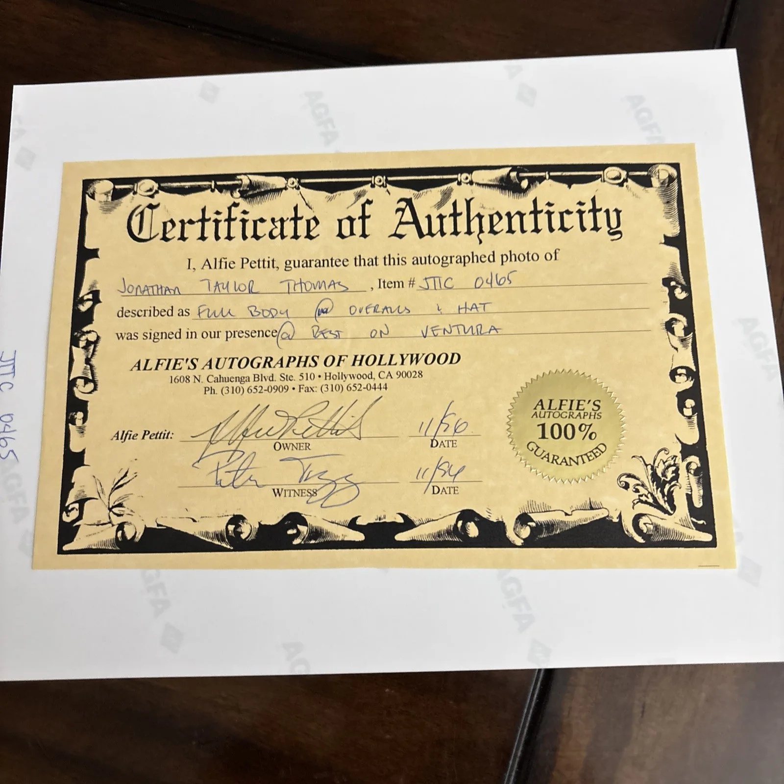Jonathan Taylor Autographed 8x10 Photo 11/1996 Certificate of Authenticity COA, изображение 2