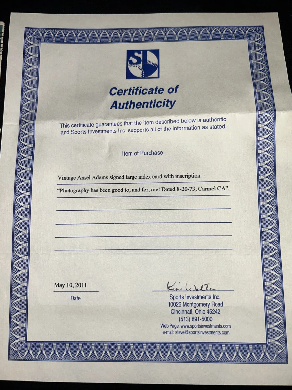 Ansel Adams — Ansel Adam’s Signature Signed Card Certificate Of Authenticity, изображение 5