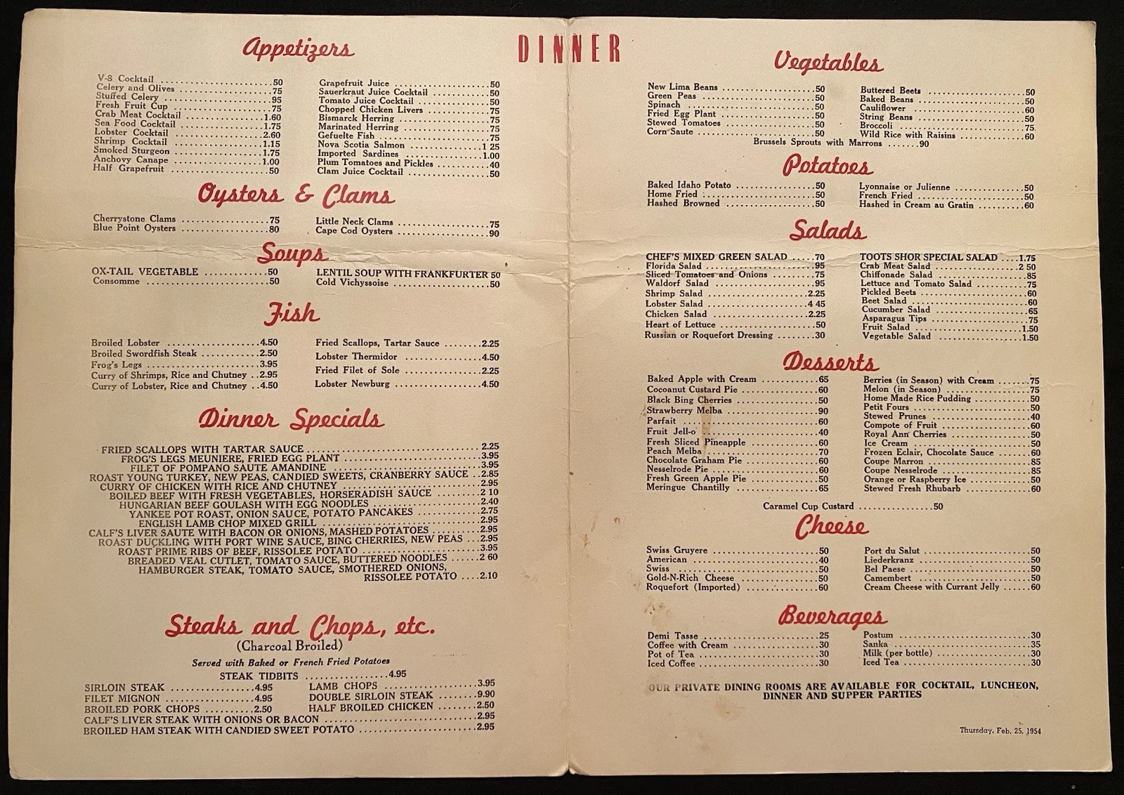 TOOTS SHOR signed autographed menu Feb 1954 - friend of Sinatra DiMaggio Gleason, изображение 4