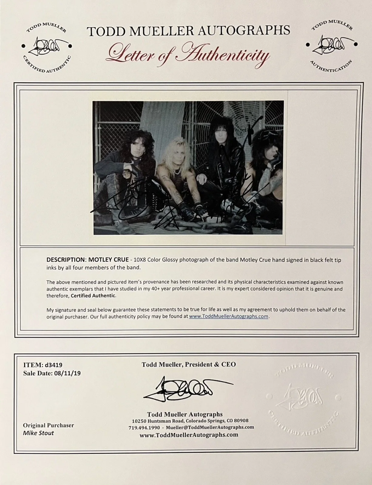Motley Crue Entire Band Signed Tommy Lee Sixx Mars Neil 8x10 Photo Mueller COA, изображение 2