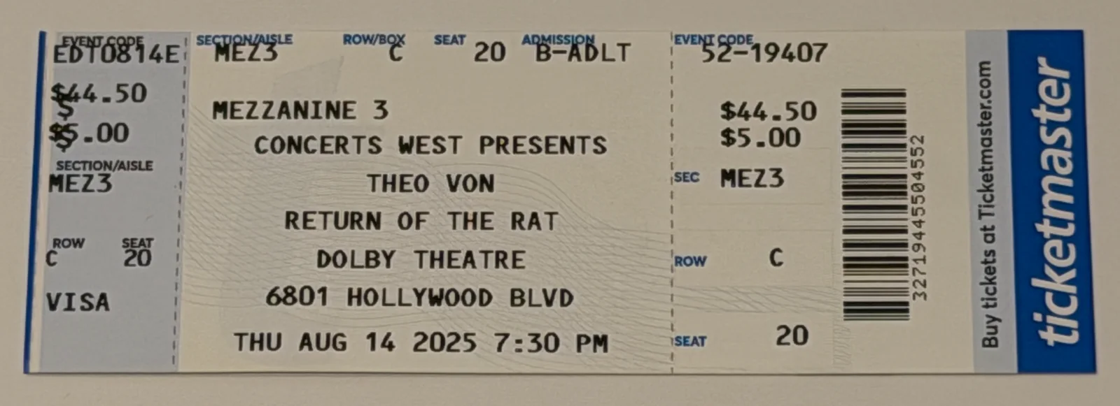 Theo Von Tour Poster Autographed w/ Show Ticket Dolby Theatre, image 2