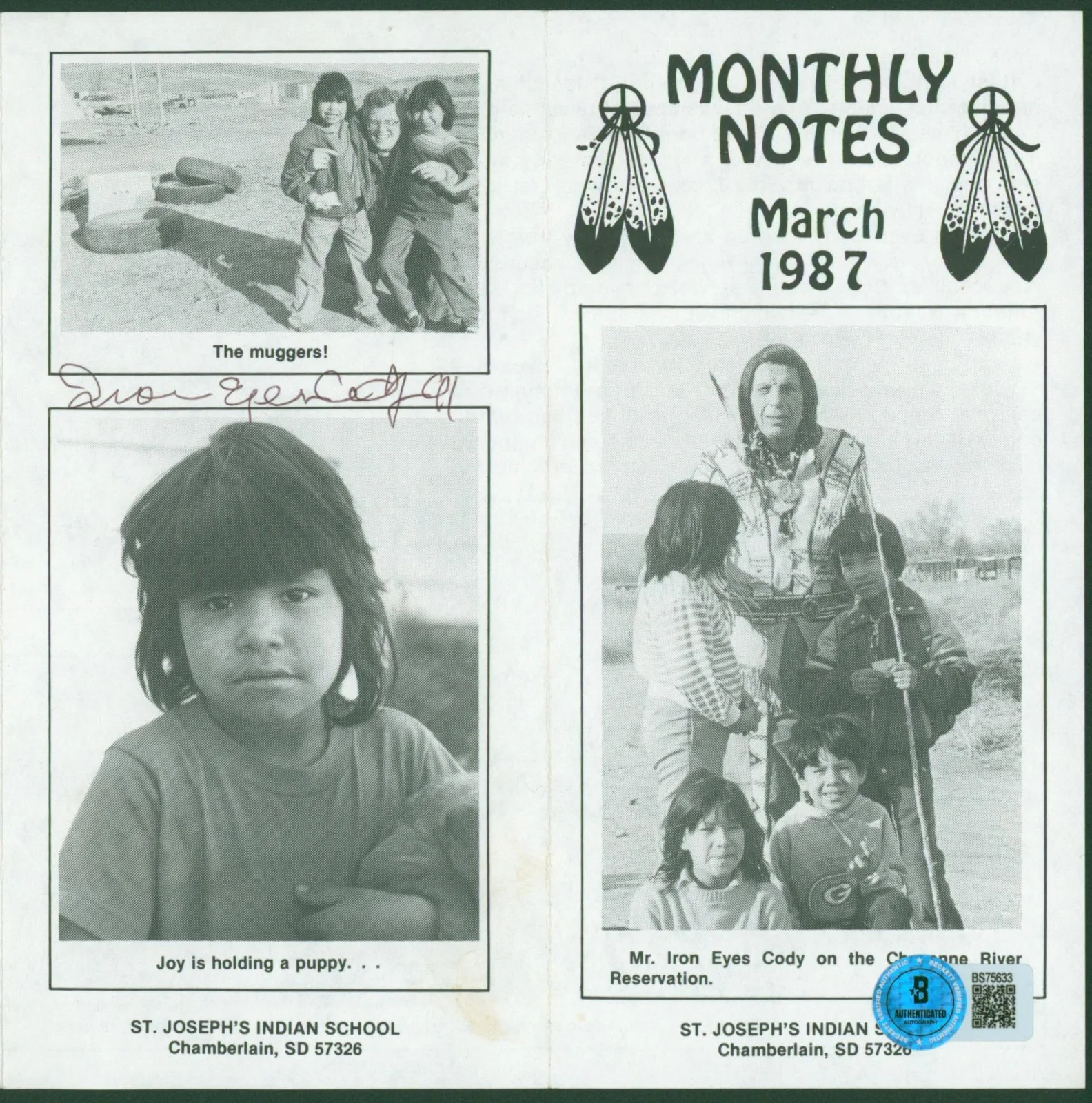 Iron Eyes Cody — IRON EYES CODY Signed March 1987 St Joseph's Indian School Photo Pamphlet BAS