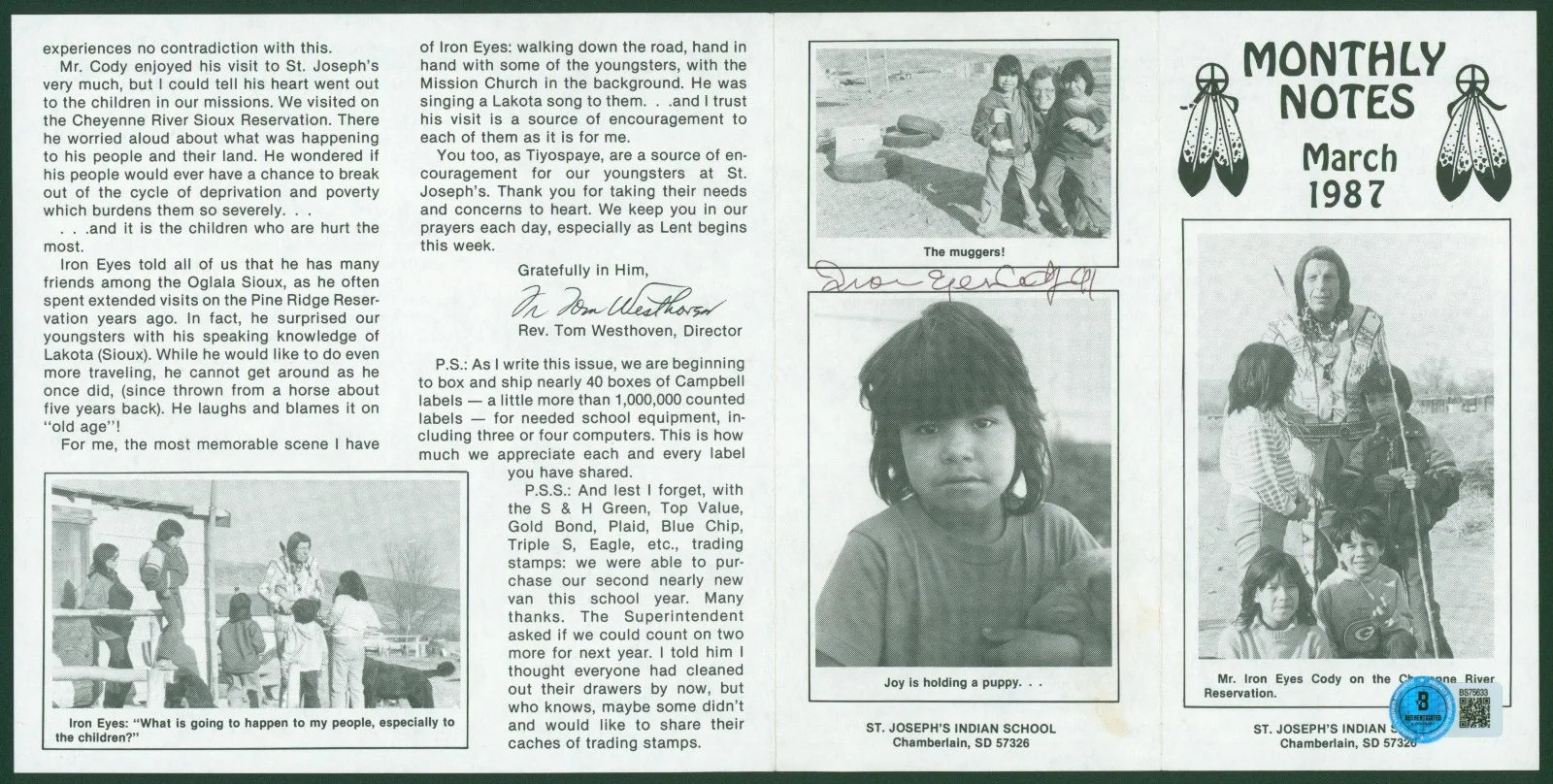 Iron Eyes Cody — IRON EYES CODY Signed March 1987 St Joseph's Indian School Photo Pamphlet BAS, изображение 4