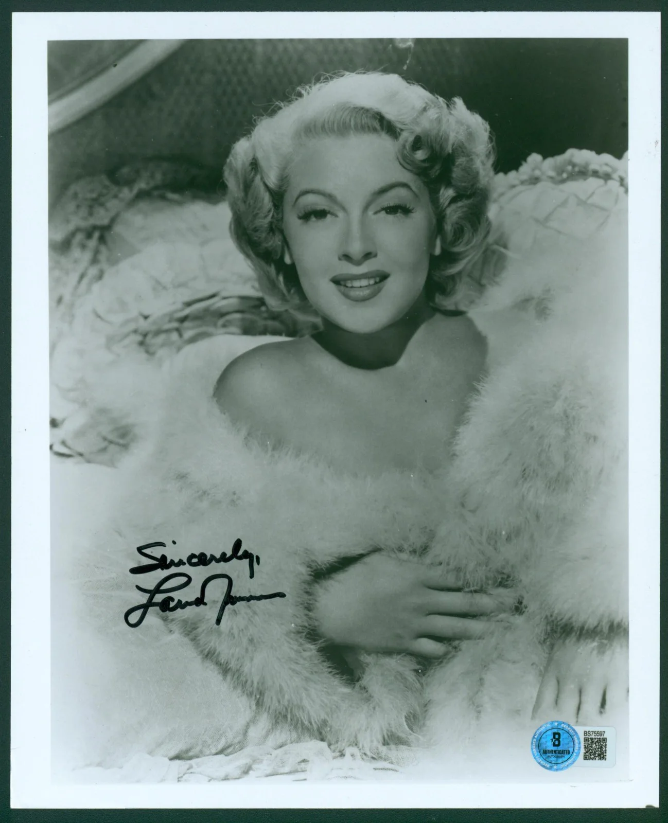 Lana Turner — LANA TURNER Signed B&W 8x10 Femme Fatale Bombshell Blonde In Fur Photo BAS