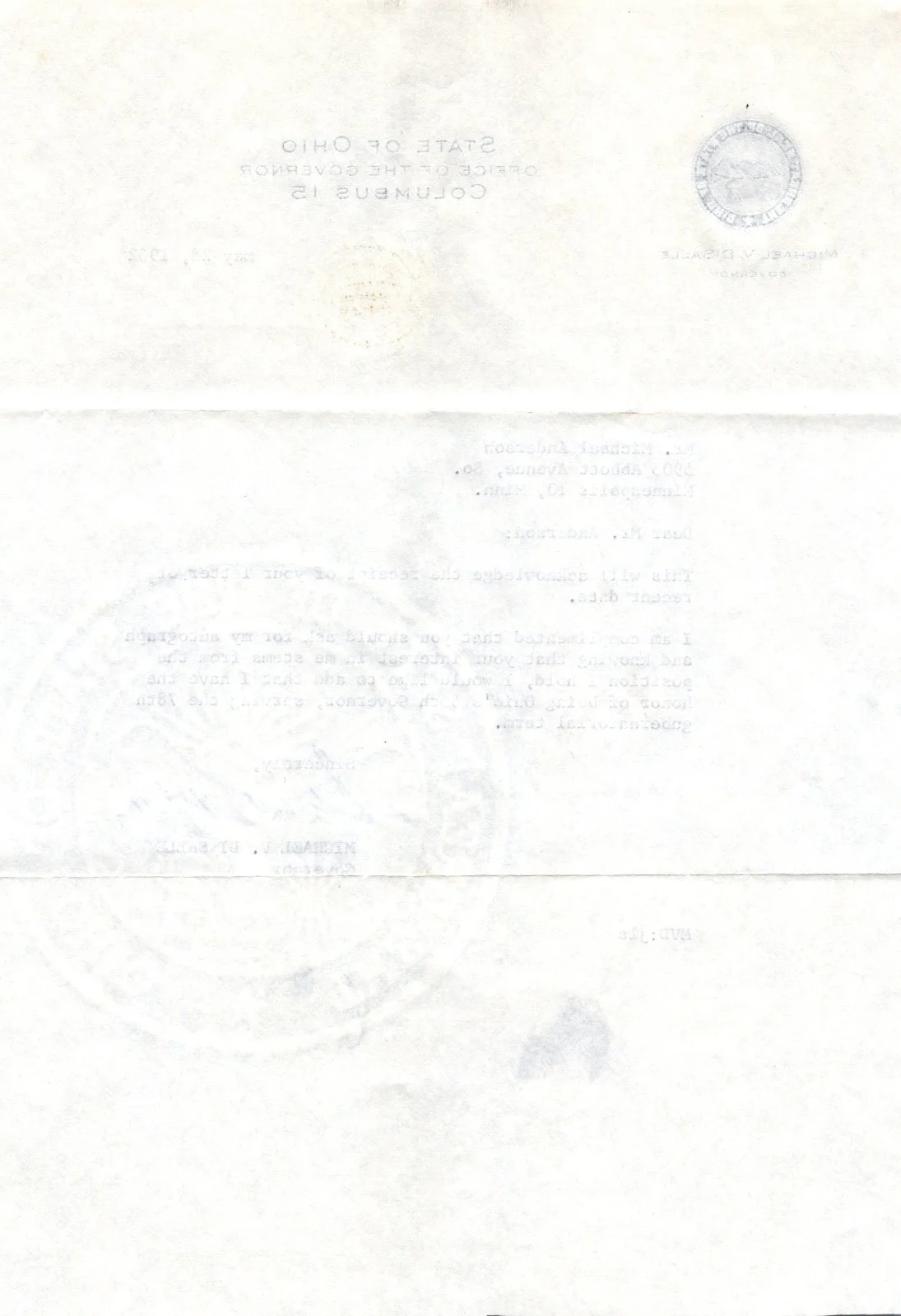 MICHAEL DI SALLE — MICHAEL DI SALLE - GOVERNER OF OHIO 1908-81- AUTO SIGNED LETTER 1962, image 2