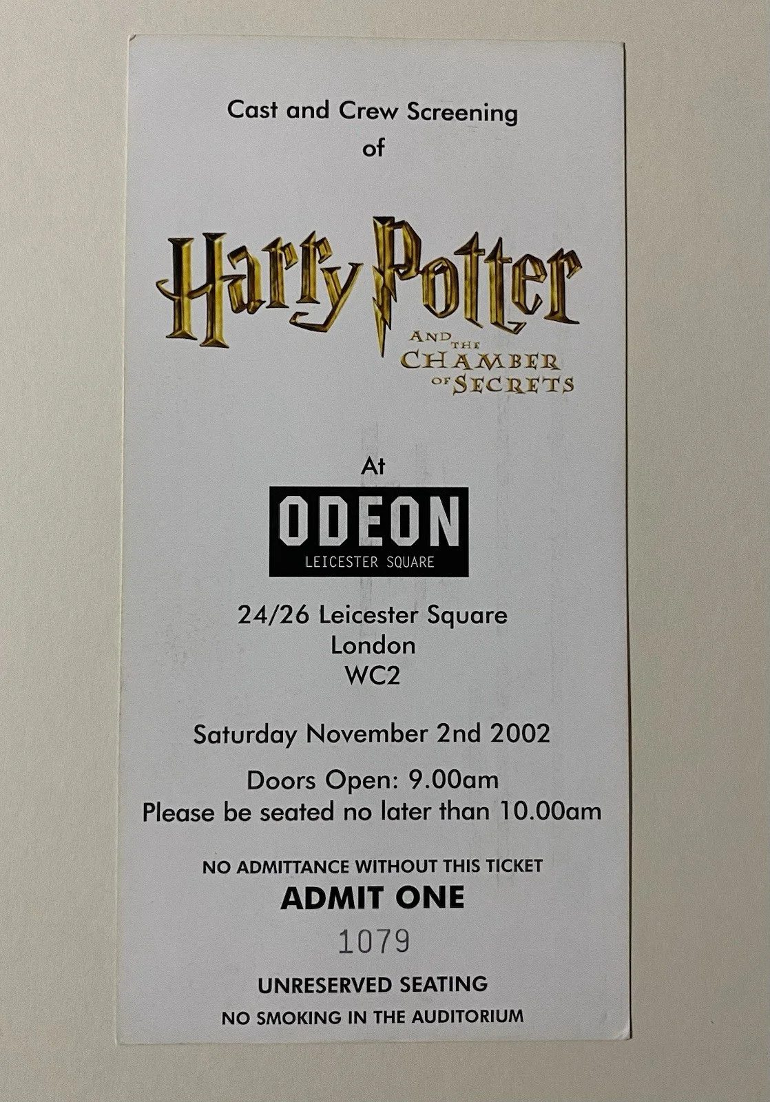 Harry Potter & The Chamber Of Secrets cast & crew Screening Ticket - Premiere, изображение 2