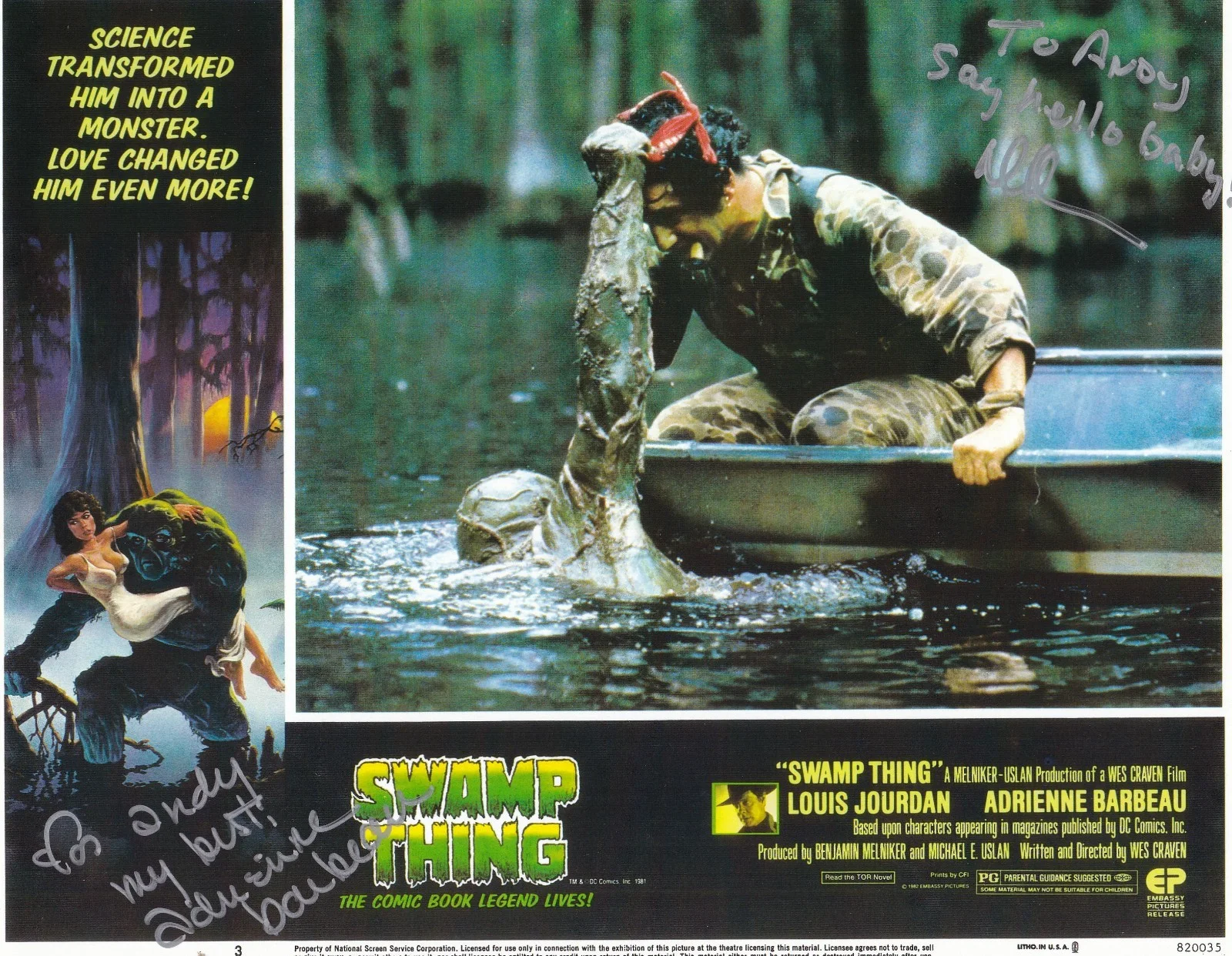 Adrienne Barbeau & David Hess — Adrienne Barbeau & David Hess Swamp Thing signed 8 x 10 Photo w/COA