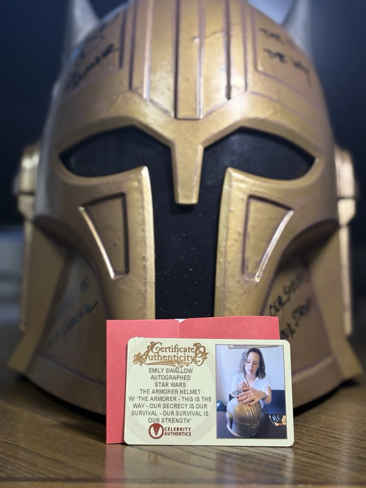 Emily Swallow — Emily Swallow Autographed Star Wars The Armorer Helmet W/ Multiple Insc. & COA, image 5