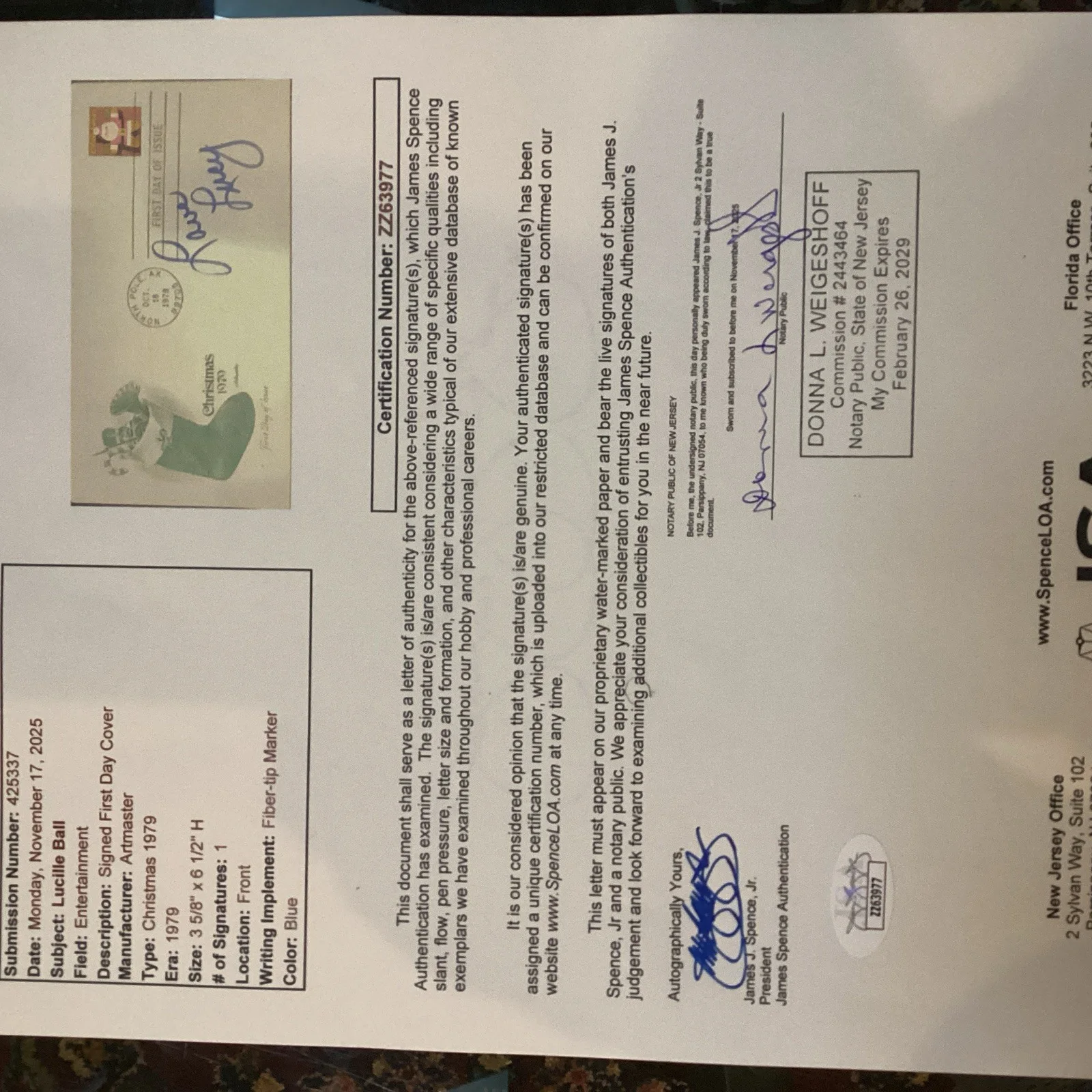 Lucille Ball — Lucille Ball Autographed Christmas FDC/COA From JSA/ Cancellation In North Pole