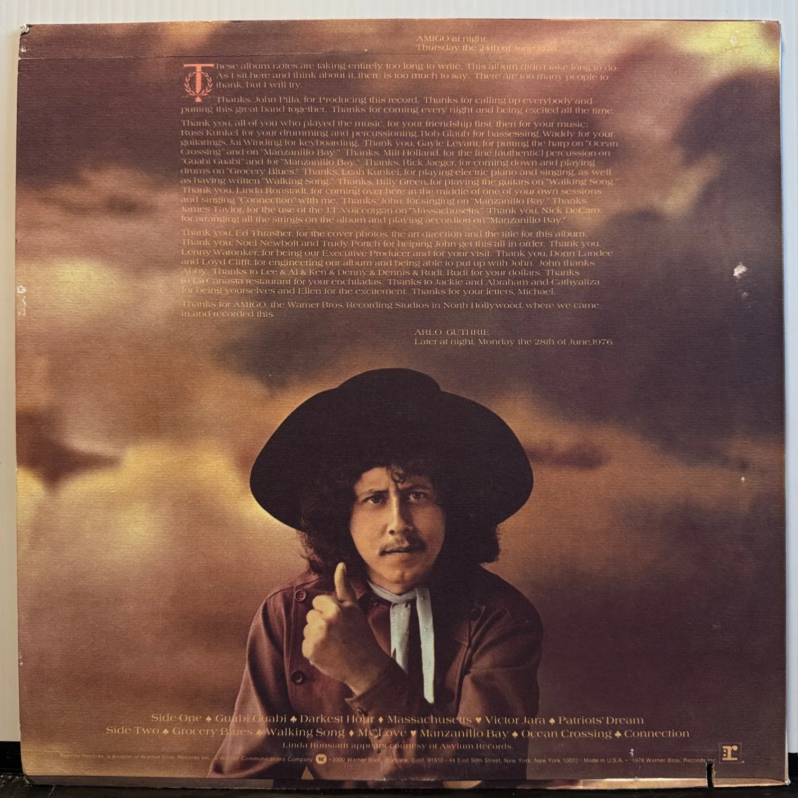 ARLO GUTHRIE "Amigo" AUTOGRAPHED "To Miro Arlo Guthrie" USA vinyl MS 2239, изображение 3