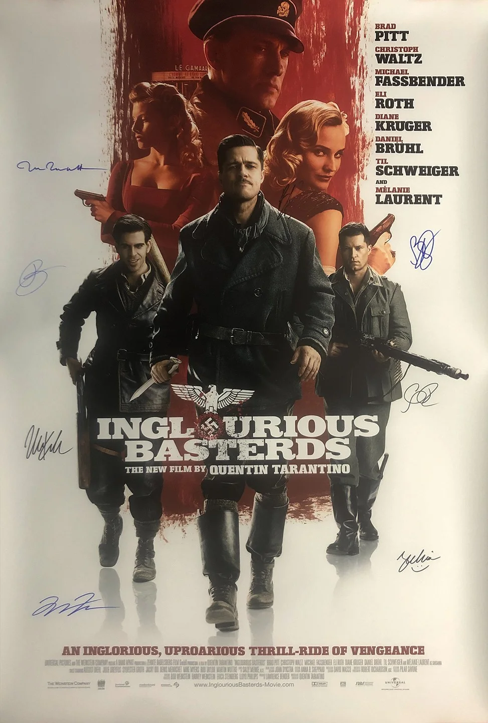 Quentin Tarantino, Brad Pitt, Mélanie Laurent — INGLOURIOUS BASTERDS Signed Movie Poster 24x36