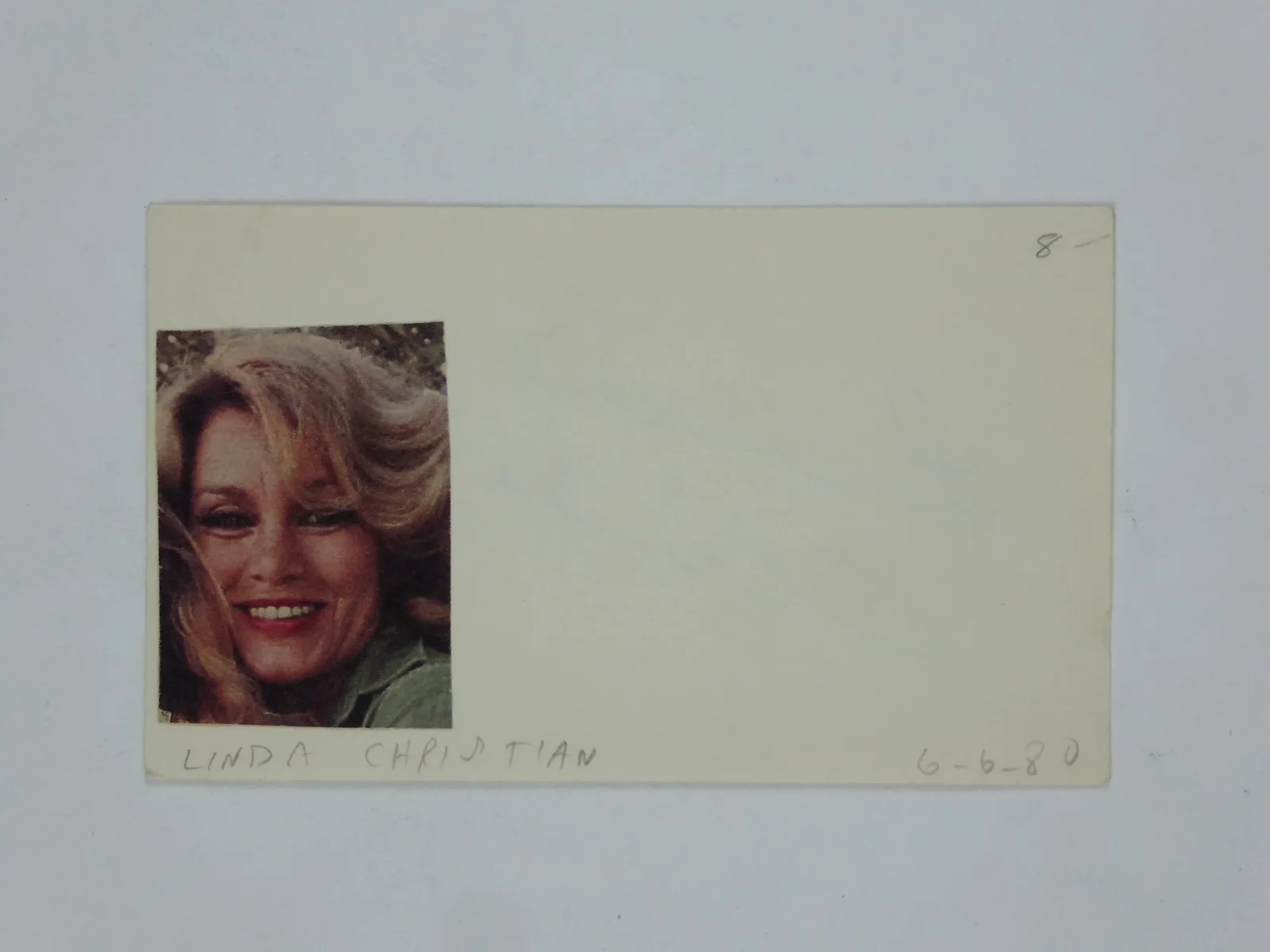 Linda Christian — Linda Christian Hand Signed Autographed 3x5 Index Card Actress Tarzan James Bond, image 2