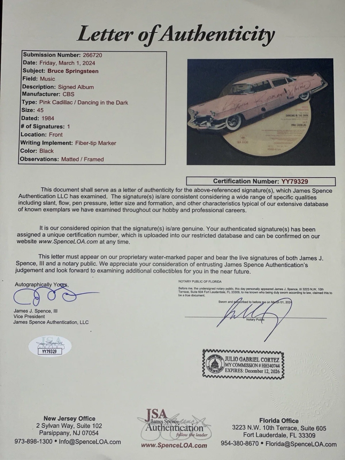 Bruce Springsteen Signed Album JSA LOA Dancing In The Dark / Pink Cadillac RARE, image 4