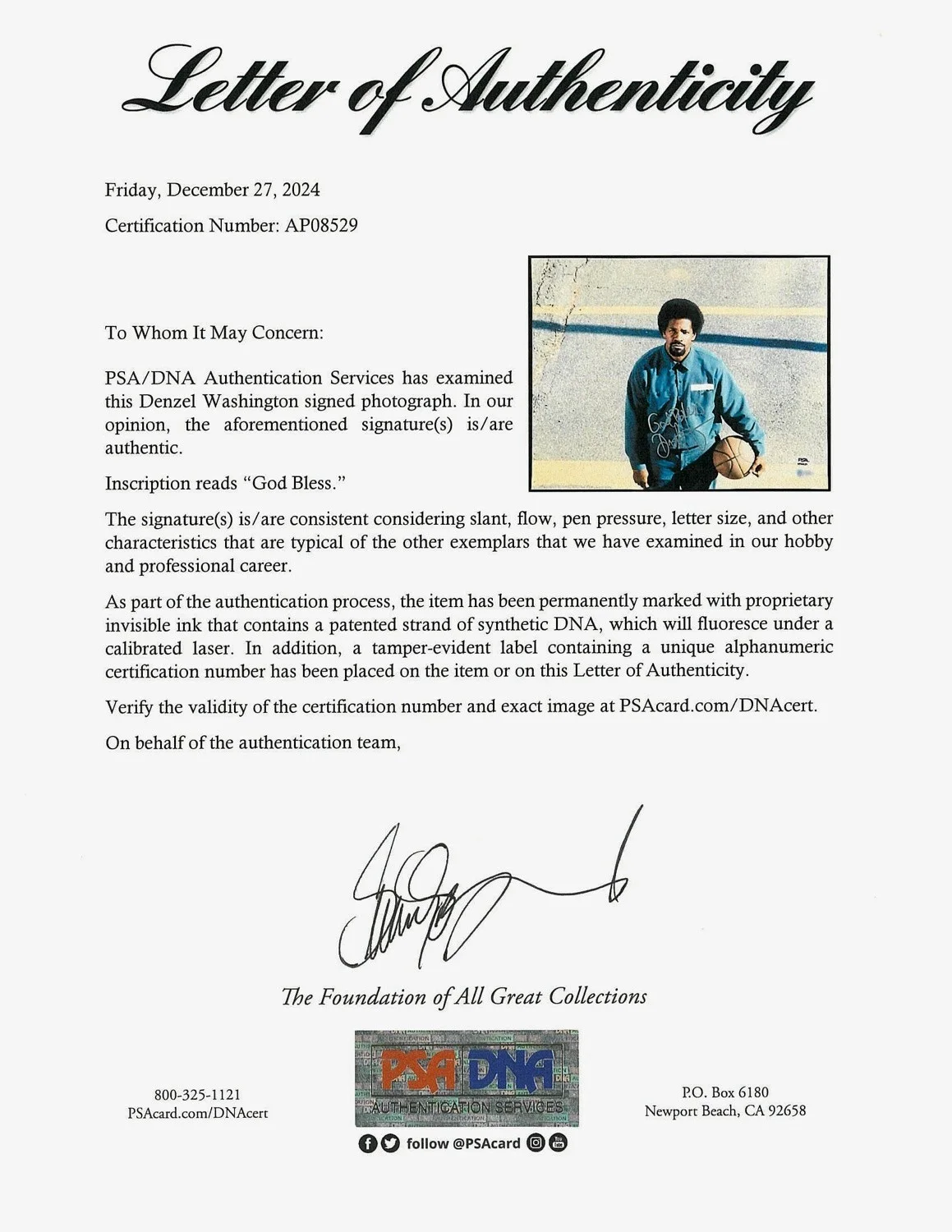 Denzel Washington — Denzel Washington Signed 11x14 Photo Inscribed "God Bless" (Beckett + PSA LOA), image 4