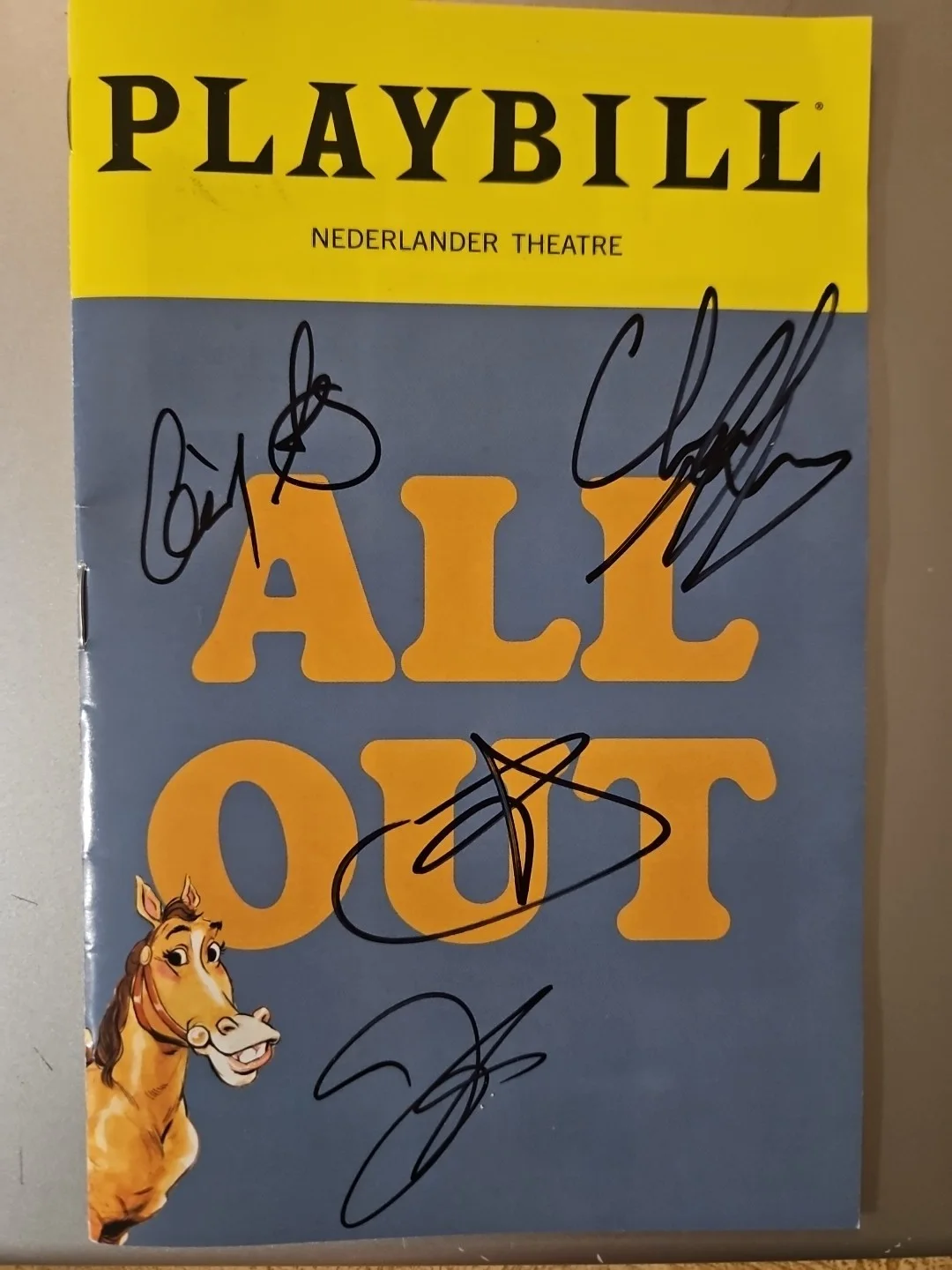 Jim Gaffigan, Ben Schwartz, Cecily Strong, Clyde Lawrence — All Out Cast Signed Playbill - Jim Gaffigan, Ben Schwartz, Cecily Strong ⁶