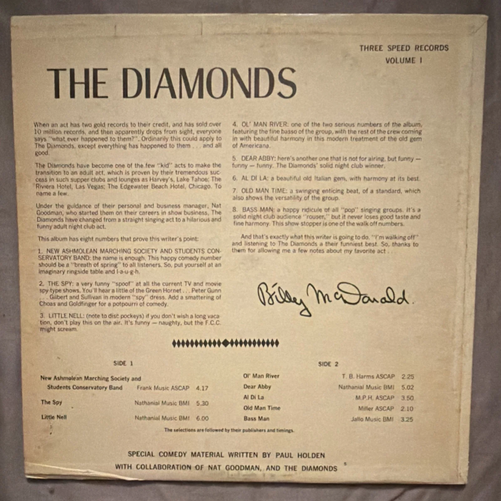 The Diamonds Laughs Laughs Singing Laughs Volume 1 Autographed Vinyl Record, image 2