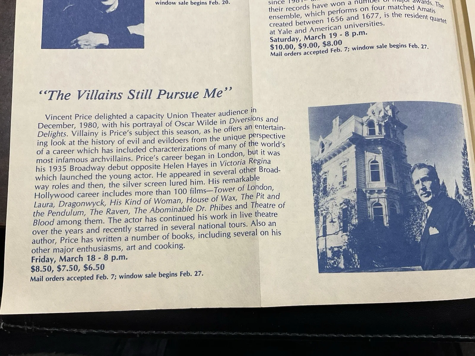 Vincent Price — Vincent Price Signed Program “The Villains Still Pursue Me” 3/18/83, Madison WI, изображение 3