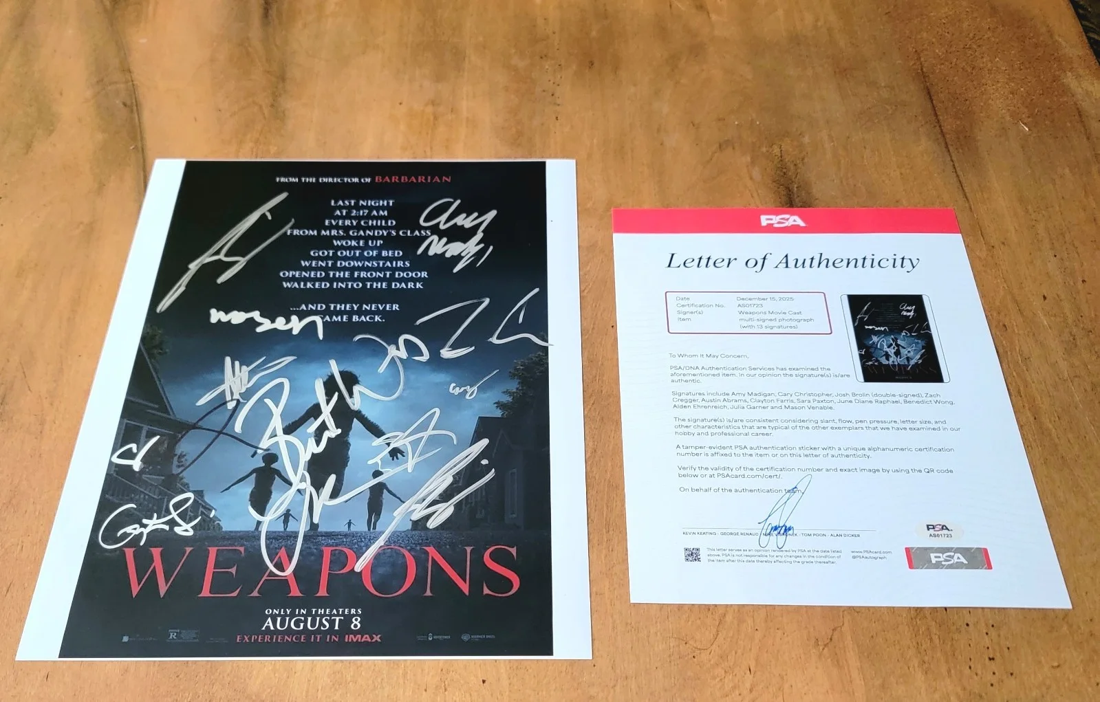 Zach Cregger, Amy Madigan, Julia Garner — Weapons cast 12 signed 11x14 Photo PSA DNA Julia Garner Amy Madigan Zach Cregger