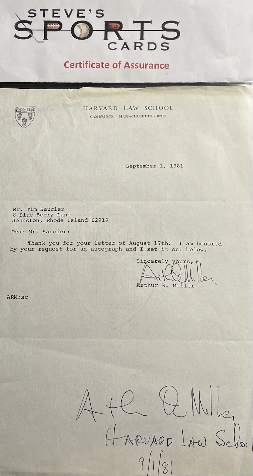 Arthur Miller — Arthur Miller Harvard Law School Signed Cut Sheet Autograph w/ COA & Top Loader