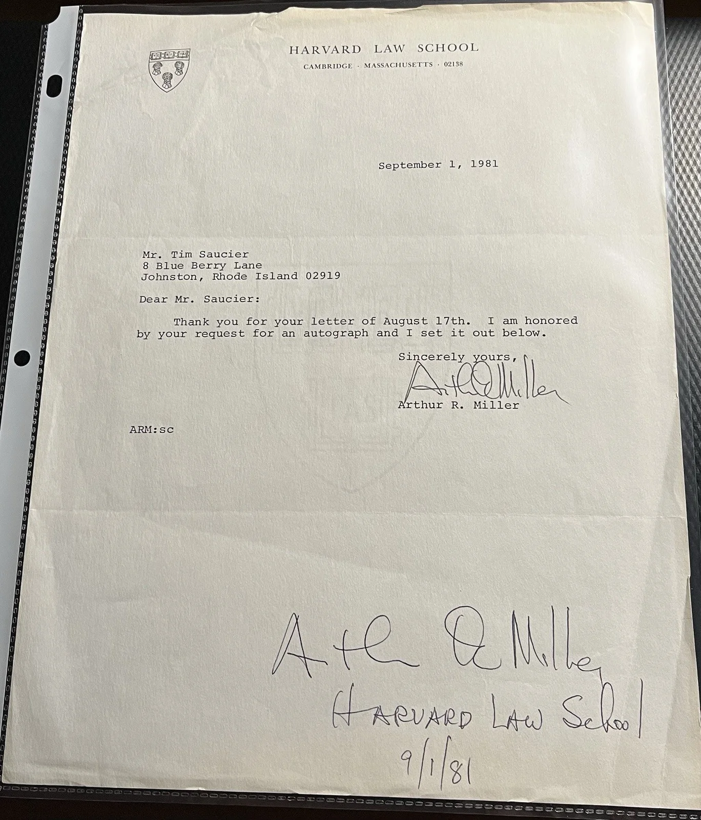 Arthur Miller — Arthur Miller Harvard Law School Signed Cut Sheet Autograph w/ COA & Top Loader, image 2